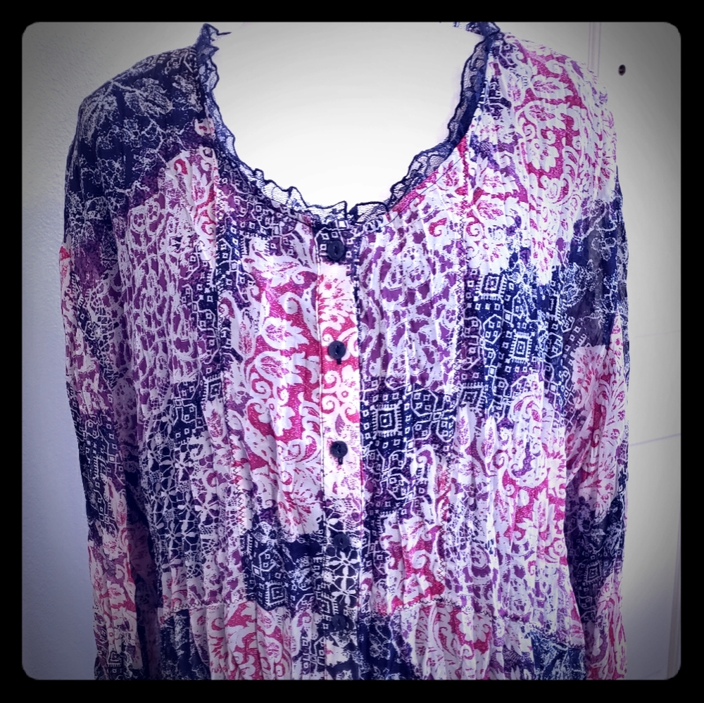 Button Blouse Lace Open Collar 2X